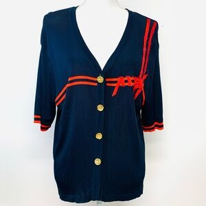 Bettys Slinky Knit Top Navy Blue  Gold Buttons  Made Italy 54 US 18/20 Travel